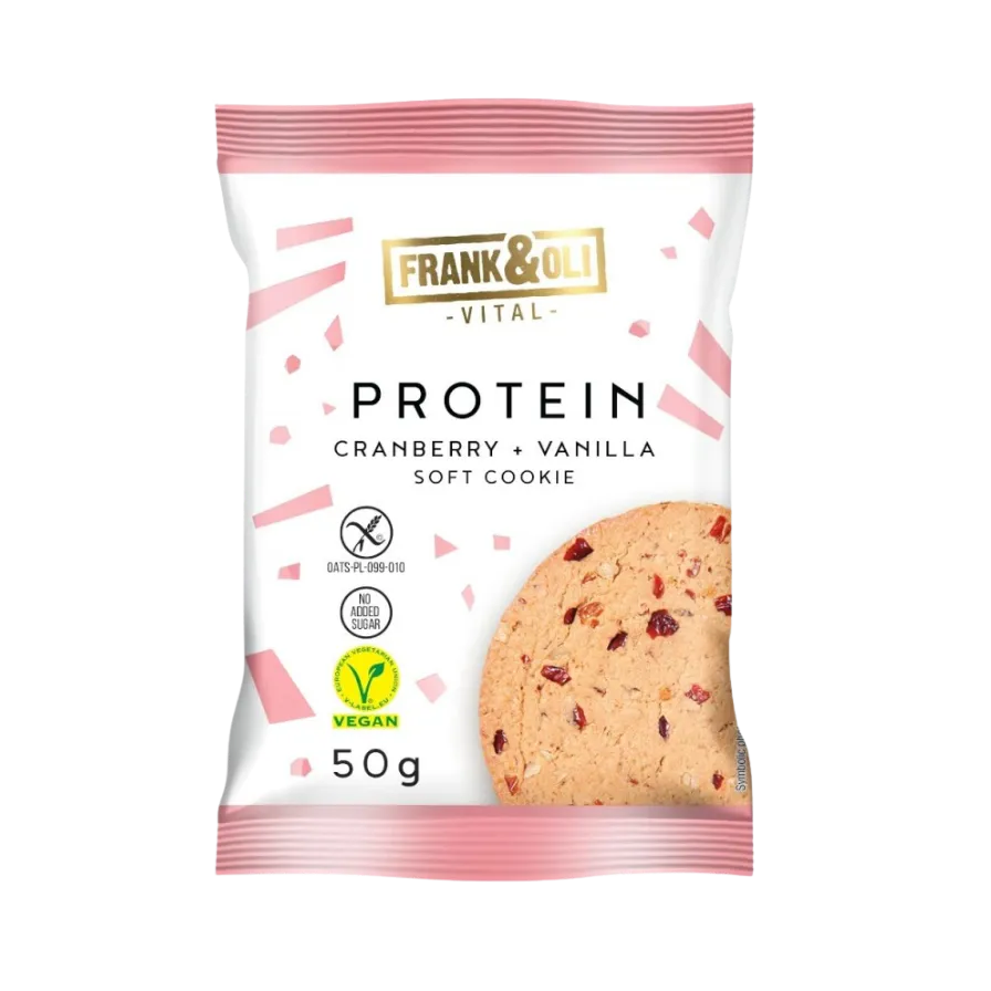Veganiškas spanguolių ir vanilės baltyminis sausainis | Frank&Oli (50 g)