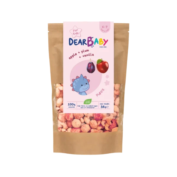 Obuolių, slyvų ir vanilės skonio žvaigždučių formos grūdų užkandis | Dear baby (36 g)