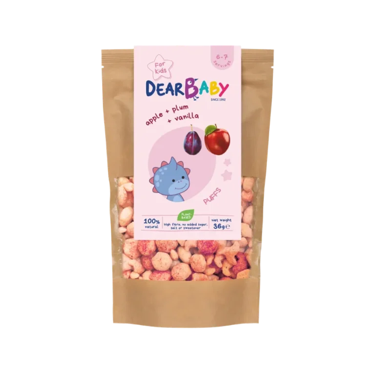 Obuolių, slyvų ir vanilės skonio žvaigždučių formos grūdų užkandis | Dear baby (36 g)