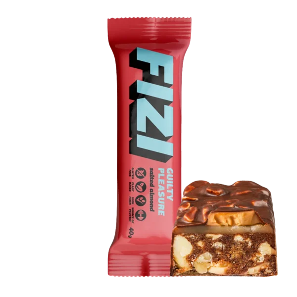 Batonėlis su šokolado glazūra „SALTED ALMOND”, be pridėtinio cukraus | Fizi (40 g)
