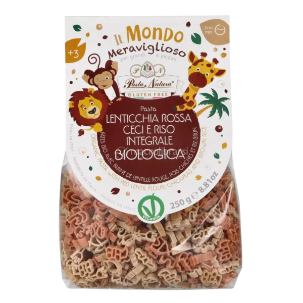 Ekologiški raudonųjų lęšių, avinžirnių ir pilno grūdo ryžių makaronai vaikams SAVANA, be glitimo| Pasta Natura (250 g)