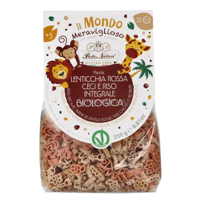 Ekologiški raudonųjų lęšių, avinžirnių ir pilno grūdo ryžių makaronai vaikams SAVANA, be glitimo| Pasta Natura (250 g)