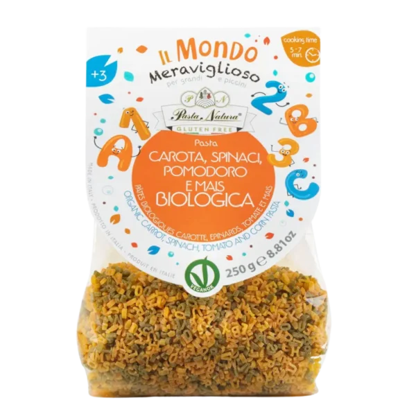 Ekologiški geltonųjų kukurūzų miltų makaronai su pomidorais, morkomis ir špinatais, be glitimo| Pasta Natura (250 g)