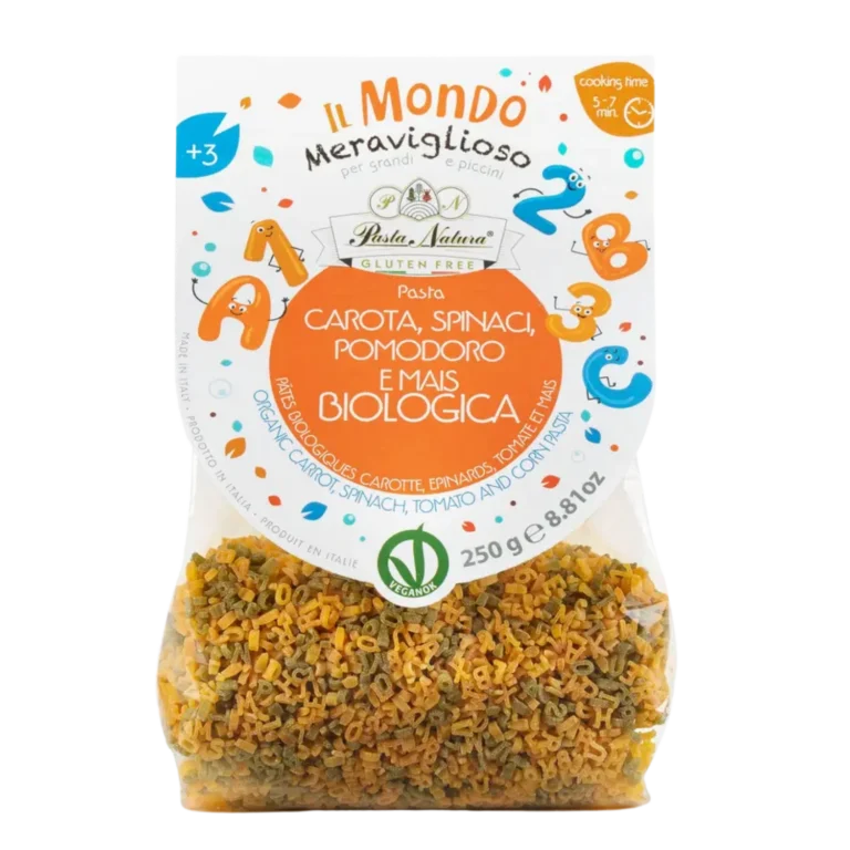 Ekologiški geltonųjų kukurūzų miltų makaronai su pomidorais, morkomis ir špinatais, be glitimo| Pasta Natura (250 g)