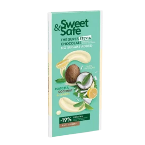 Baltasis šokoladas su matcha, kokosu ir citrina, saldintas stevija | Sweet&Safe (90 g)