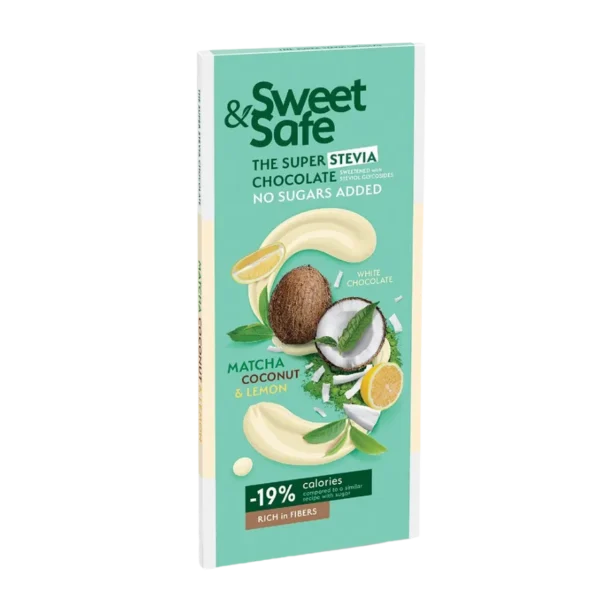 Baltasis šokoladas su matcha, kokosu ir citrina, saldintas stevija | Sweet&Safe (90 g)