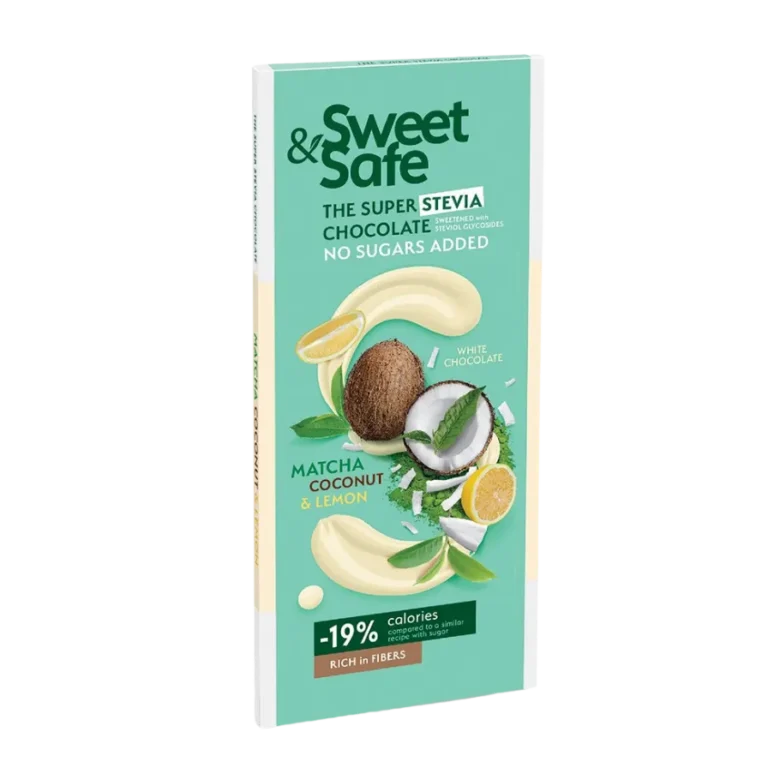 Baltasis šokoladas su matcha, kokosu ir citrina, saldintas stevija | Sweet&Safe (90 g)