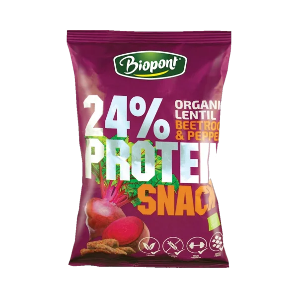 Ekologiški lęšių traškučiai su burokėlių ir pipirų prieskoniais, be glitimo | BIOPONT (50 g)