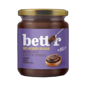 Ekologiškas lazdyno riešutų ir kakavos kremas, su saldikliu, be pridėtinio cukraus | BETT’R (250 g)