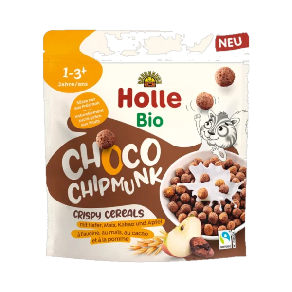 Ekologiški CHOCO CHIPMUNK traškūs obuolių-kakavos skonio sausi pusryčiai | Holle (125 g)