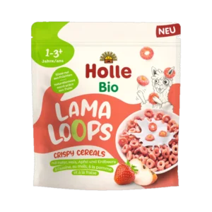 Ekologiški LAMA LOOPS traškūs obuolių-braškių skonio sausi pusryčiai | Holle (125 g)
