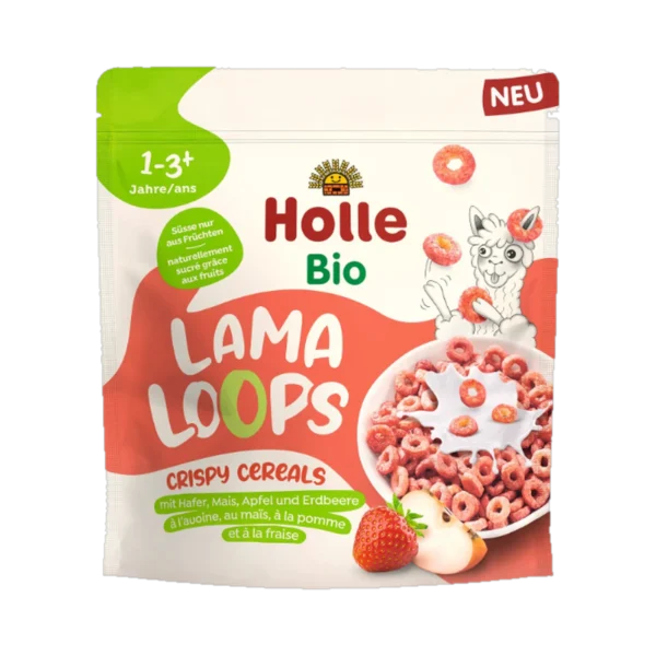 Ekologiški LAMA LOOPS traškūs obuolių-braškių skonio sausi pusryčiai | Holle (125 g)