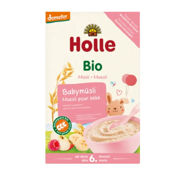 Ekologiška viso grūdo kviečių ir avižinių dribsnių košė su bananais, avietėmis ir obuoliais | Holle (250 g)