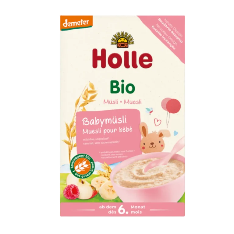 Ekologiška viso grūdo kviečių ir avižinių dribsnių košė su bananais, avietėmis ir obuoliais | Holle (250 g)