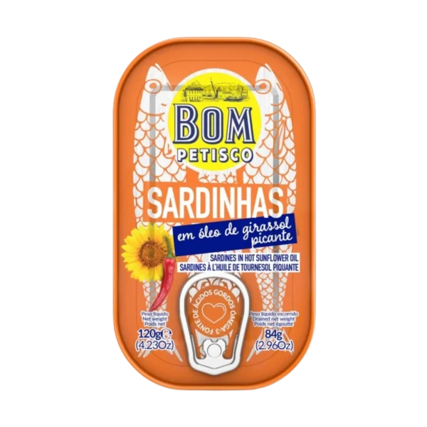 Portugališkos sardinės aštriame saulėgrąžų aliejuje | BOM PETISCO (120 g)