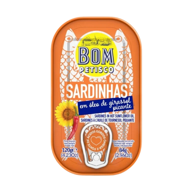 Portugališkos sardinės aštriame saulėgrąžų aliejuje | BOM PETISCO (120 g)