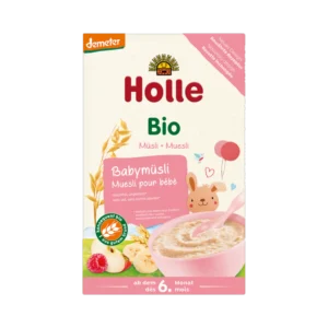 Ekologiška viso grūdo kviečių ir avižinių dribsnių košė su bananais, avietėmis ir obuoliais | Holle (250 g)