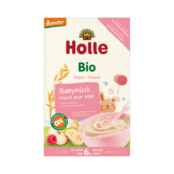 Ekologiška viso grūdo kviečių ir avižinių dribsnių košė su bananais, avietėmis ir obuoliais | Holle (250 g)