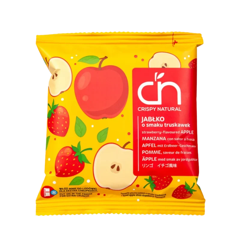Traškios džiovintos obuolių skiltelės su braškių skoniu | Crispy Natural (18 g)
