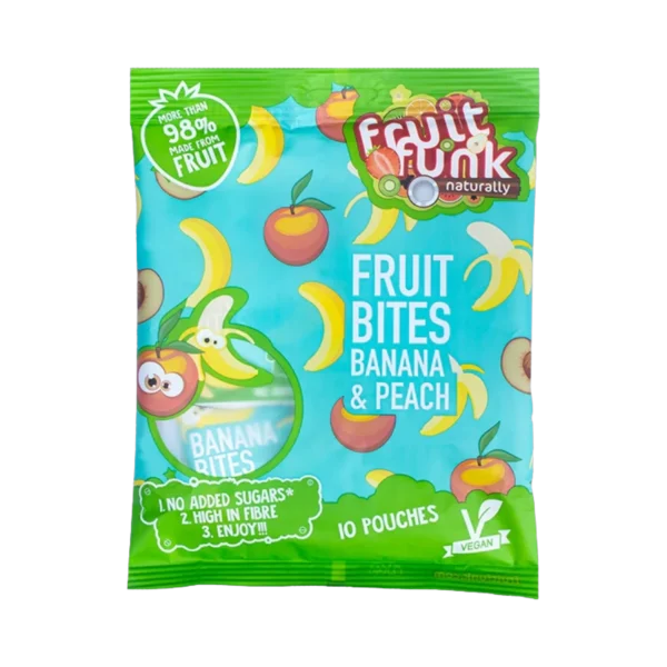 Bananų ir persikų vaisių kąsneliai, be pridėtinio cukraus | FruitFunk (100 g)