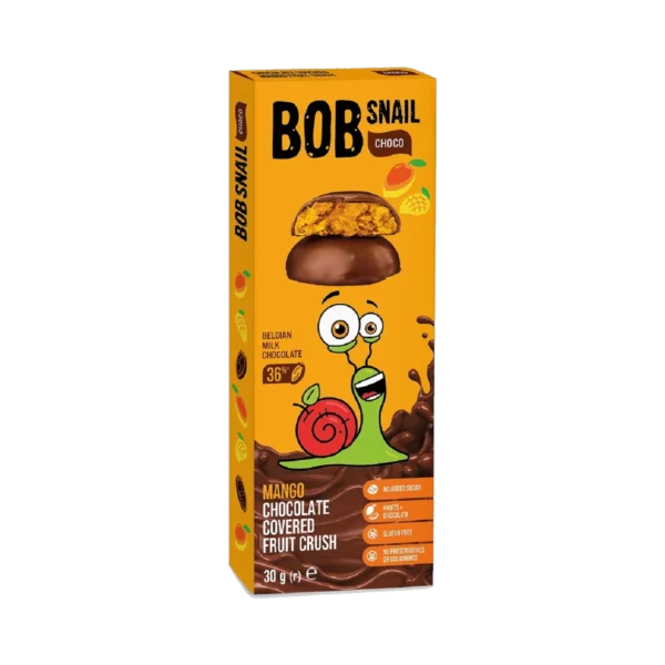 Mangų užkandis belgiškame šokolade su saldikliu, be glitimo | Bob Snail (30 g)