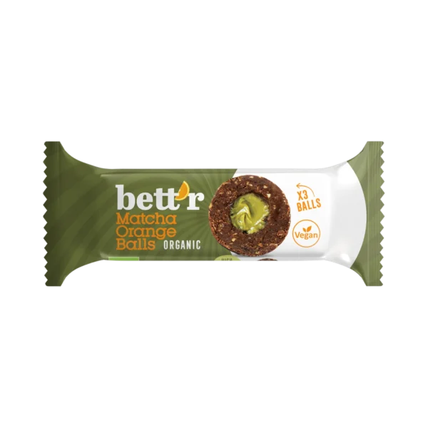 Ekologiški datulių rutuliukai su matcha ir apelsinų įdaru, be glitimo | Bett'r (3 x 15 g)