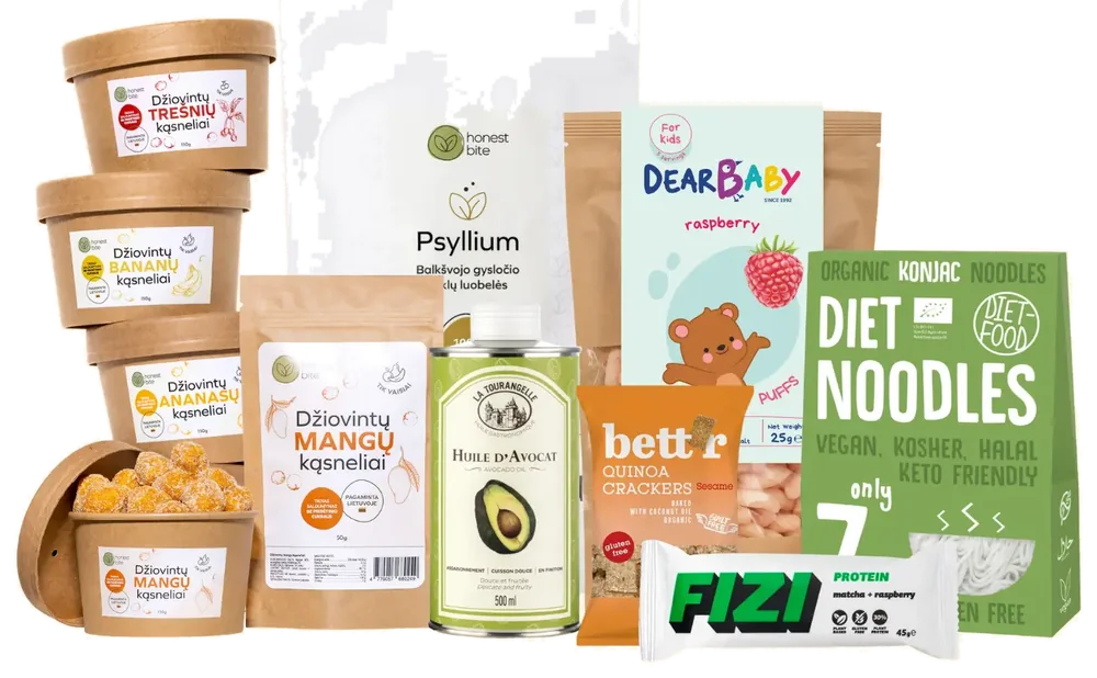 Honestbite produktai: džiovinti vaisių kąsneliai, psyllium, Dear Baby užkandžiai, avokadų aliejus, Diet Noodles ir kiti