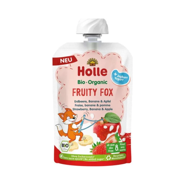 Ekologiška braškių, bananų, obuolių ir jogurto tyrelė FRUITY FOX | Holle (100 g)
