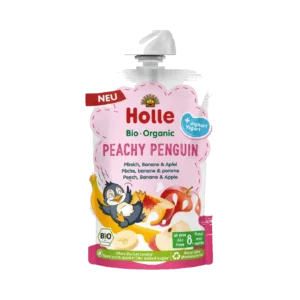 Ekologiška persikų, bananų, obuolių ir jogurto tyrelė PEACHY PENGUIN | Holle (100 g)