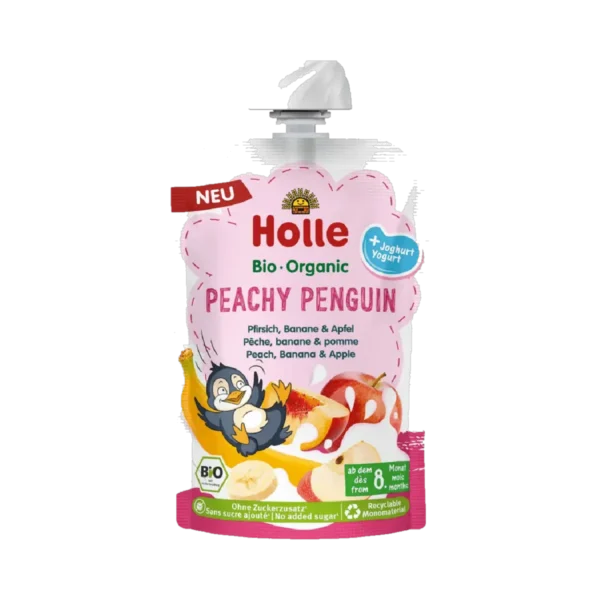 Ekologiška persikų, bananų, obuolių ir jogurto tyrelė PEACHY PENGUIN | Holle (100 g)